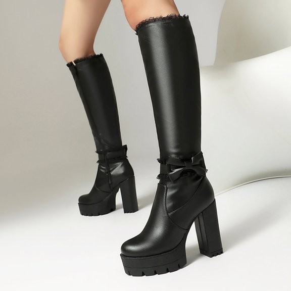 PiGOGI Ruffled Knight Boots for Women Fashion Fall Winter Mid-Calf Thick Heel Stylish Gothic Lace Up Boots Black 39