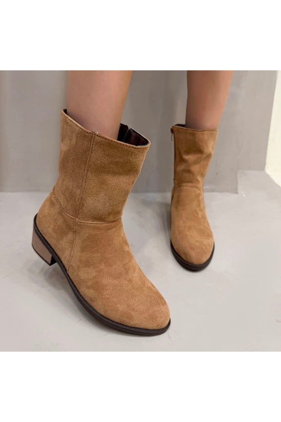Side Zipper Suede Boots for Women - Chunky Heel Ankle Booties Fall Winter Fashion Comfortable Walking Shoes Khaki 36