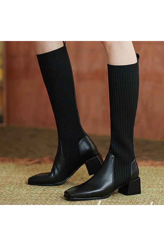 Sock Boots for Women Knitted Elastic Thick Sole Comfortable Mid Heel Knee High Winter Boots Fashion Stretchy Black 36
