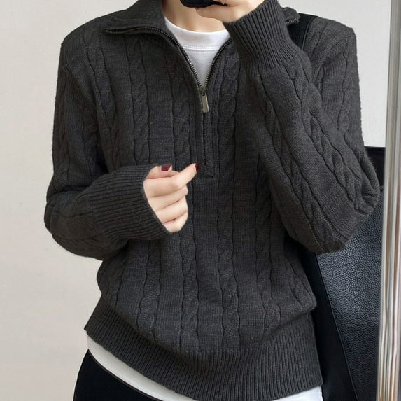 PiGOGI Solid Color Zipper Knit Loose V-Neck Sweater Women's Casual Comfortable Pullover Black