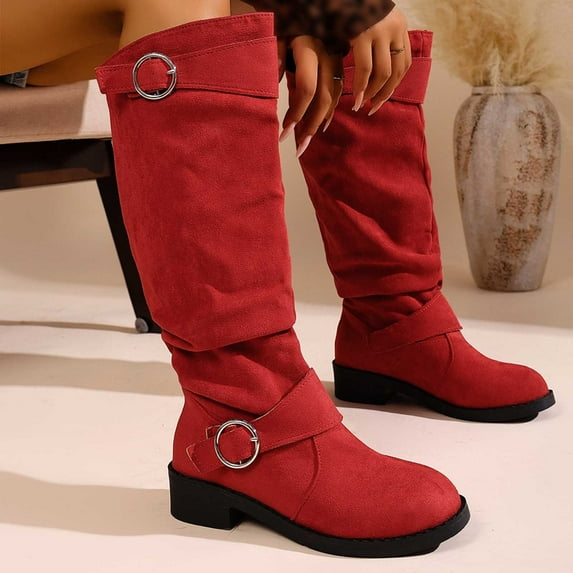 PiGOGI Suede Boots for Women Casual Round Toe Belt Buckle Warm Stacking Boots Winter Fashion Comfortable Slip Resistant Red 43