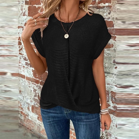 PiGOGI Summer Tops for Women Crew Neck Short Sleeve Knit Side Loose Solid Color Casual Top Black S