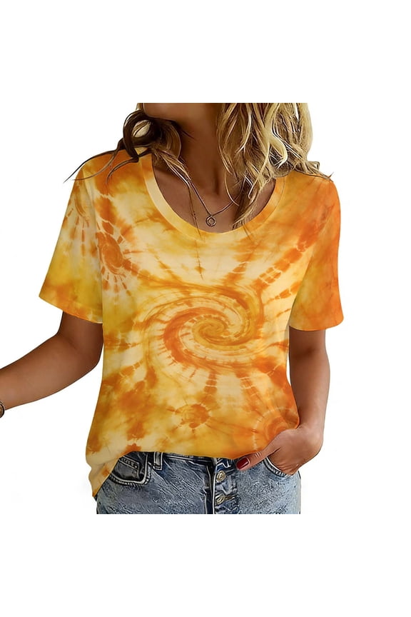 Summer Tops for Women Funny Gradient Printed Casual Sports Round Neck Short Sleeve Yellow M