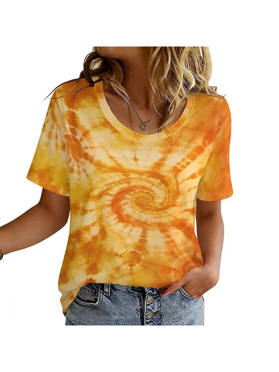 Summer Tops for Women Funny Gradient Printed Casual Sports Round Neck Short Sleeve Yellow S