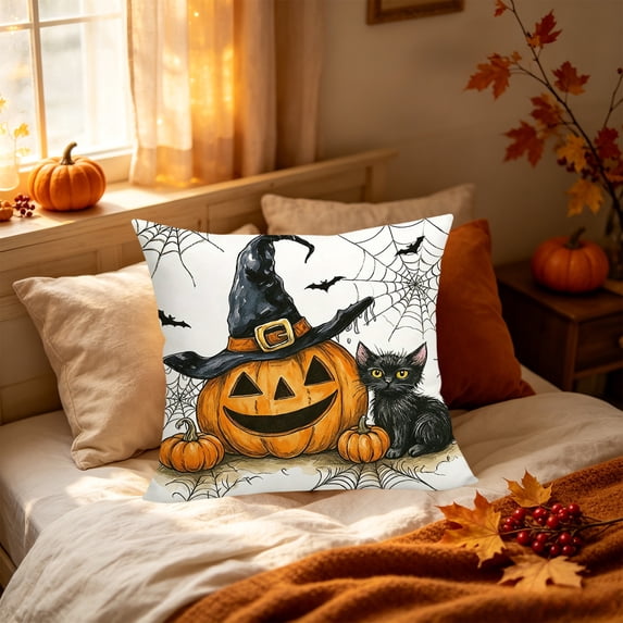 PiGOGI Thanksgiving Halloween Soft Pillowcase Cute Ghost Pumpkin Black Cats Printed Cushion Cover Fall Sofa Soft Polyester