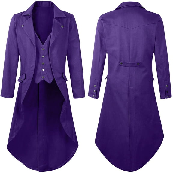 PiGOGI Trench Coat Men Mens Gothic Solid Color Top Steampunk Medieval Tailcoat Uniform PerforMence Suit Lapel Jacket Purple
