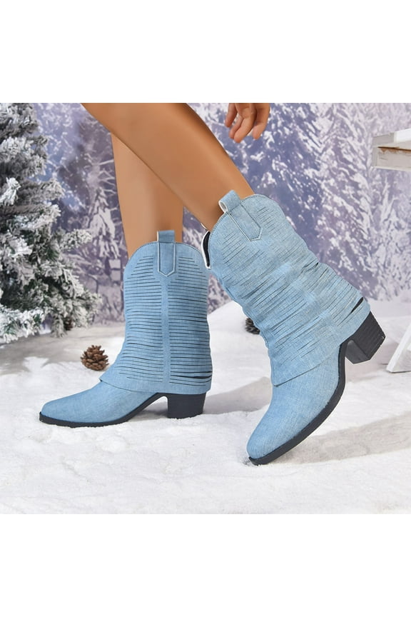 Western Boots for Women Chunky Heel Pointed Toe Flared Leg Cowboy Style Winter Casual Boots Comfortable Block Heel Street Fashion Blue 42