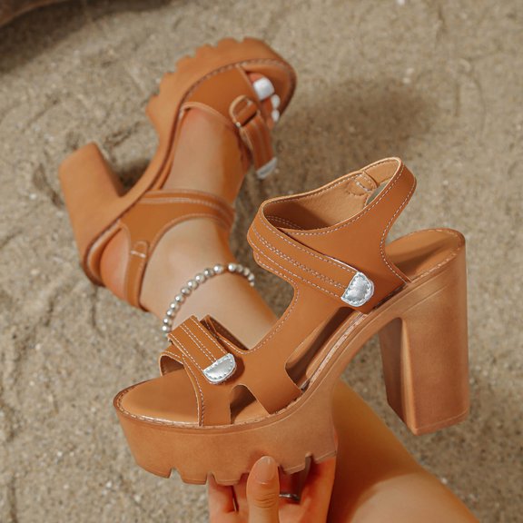 PiGOGI Women Fish Mouth Head Style High Heels Sandals Solid Color Adjustable Ankle Strap Summer Brown