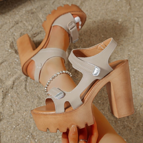 PiGOGI Women Fish Mouth Head Style High Heels Sandals Solid Color Adjustable Ankle Strap Summer Khaki