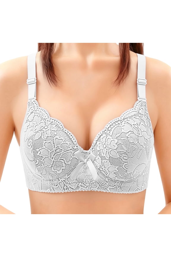 Women Floral Lace V Neck Underwire Push Up Bra Front Bow Adjustable Wide Straps Soft Nylon Spandex High Elastic Support Lingerie for Daily Party White 4XL
