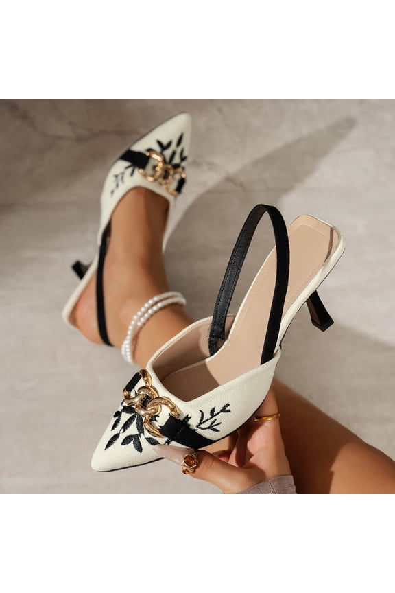 Women French Pointed Toe Closed Toe High Heels Sandals Canvas Embroidered Slingback Summer Black