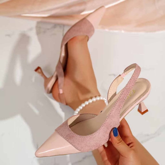 PiGOGI Women Patchwork Pointed Toe Closed Toe High Heels Sandals Slingback Patent Suede Summer Pink