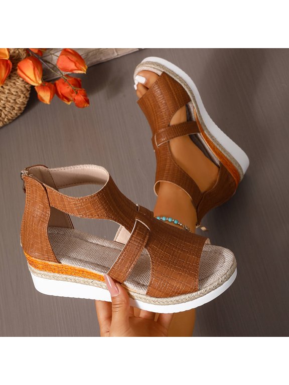 Women Plus Size Open Toe High Top Back Zip Wedge Sandals Faux Leather Bohemian Summer Casual Brown