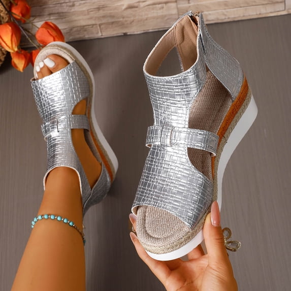 PiGOGI Women Plus Size Open Toe High Top Back Zip Wedge Sandals Faux Leather Bohemian Summer Casual Silver