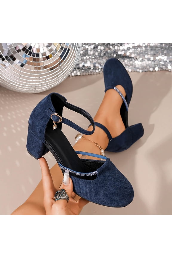 Women Plus Size Solid Color Shallow Mouth Thick Heel Buckle Sandals Rhinestone Casual Summer Blue