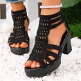 thumbnail image 1 of PiGOGI Women Solid Color Rhinestone Open Toe Back Zipper High Heeled Sandals Thick Heel Summer Black, 1 of 9