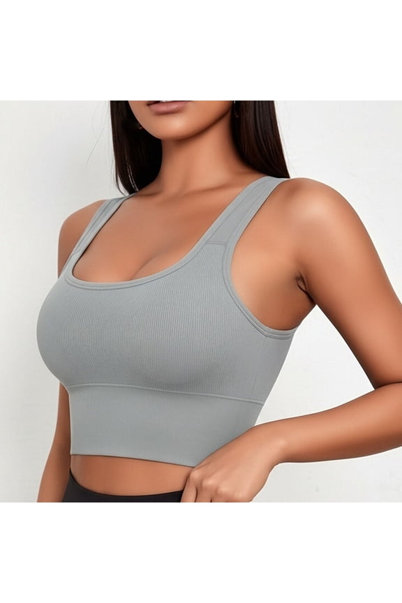 Women Square Neck Ribbed Knit Wireless Crop Bra Wide Non Slip Shoulder Straps Removable Pads Sweat Wicking Elastic Support for Yoga Gym Gray XL