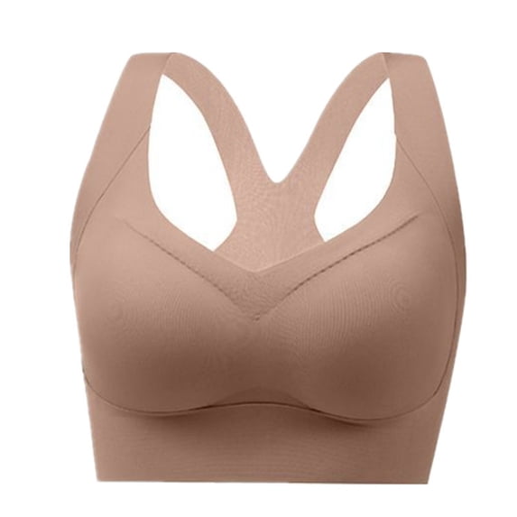 PiGOGI Women V Neck Wireless Racerback Sports Bra Wide Comfort Straps Sweat Wicking Stretch Matte Fabric Gentle Support Plus Size Yoga Sleep Bralette Brown L