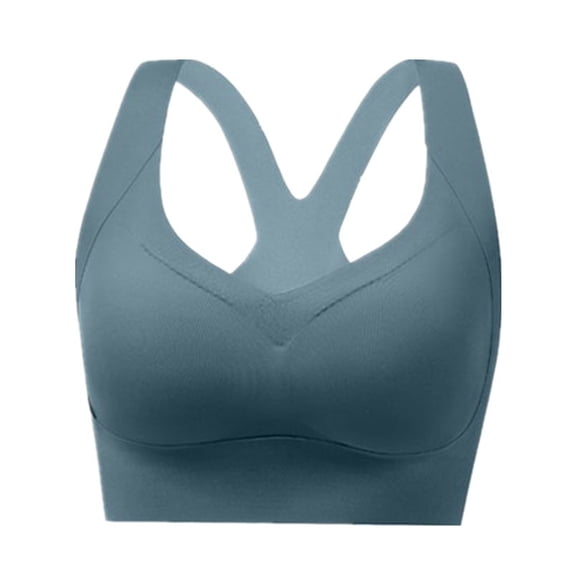 PiGOGI Women V Neck Wireless Racerback Sports Bra Wide Comfort Straps Sweat Wicking Stretch Matte Fabric Gentle Support Plus Size Yoga Sleep Bralette Navy L