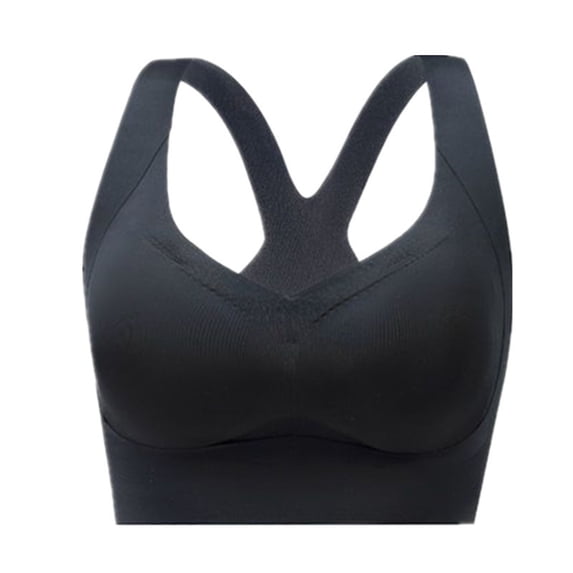 PiGOGI Women V Neck Wireless Racerback Sports Bra Wide Comfort Straps Sweat Wicking Stretch Matte Fabric Gentle Support Plus Size Yoga Sleep Bralette Black L