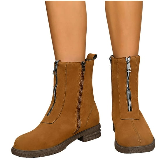 PiGOGI Women's Ankle Boots Front Zipper Suede Texture Low Heel Winter Boots for Women Brown 40