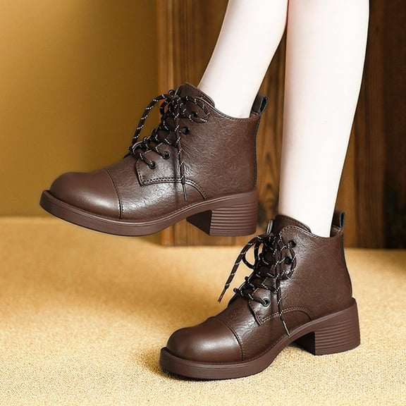 PiGOGI Women's Ankle Boots Lace Up Chunky Heel Winter Boots for Women Round Toe Casual Comfortable Thick Sole Brown 38