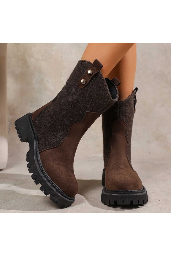 Women's Ankle Boots Round Toe Low Heel Winter Boots for Women Splicing Detail Casual Comfortable Thick Sole Coffee 36