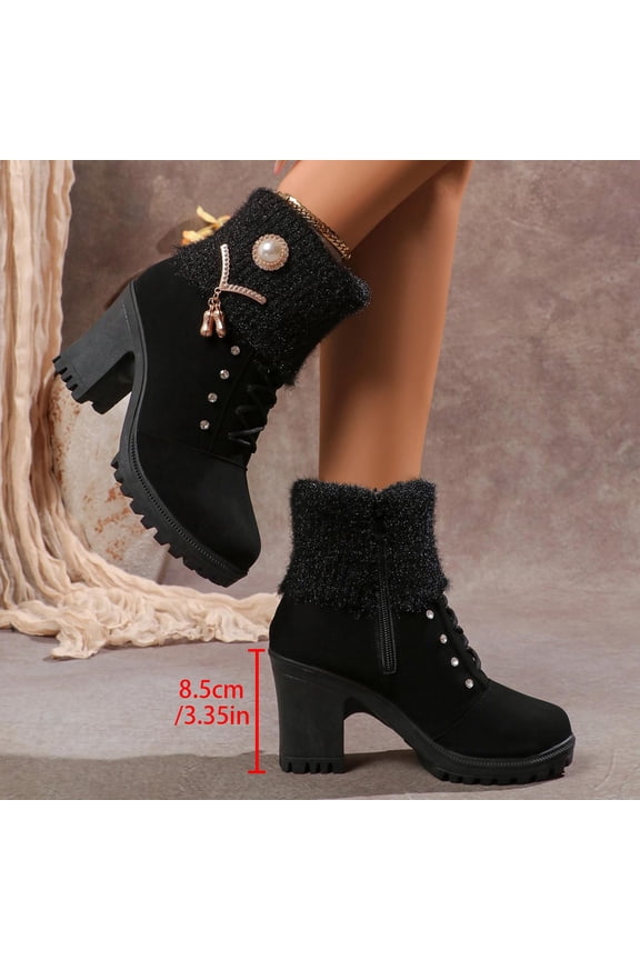Women's Ankle Boots Side Zipper Block Heel Winter Boots for Women Round Toe Knit Cuff Comfortable Warm Casual Black 37