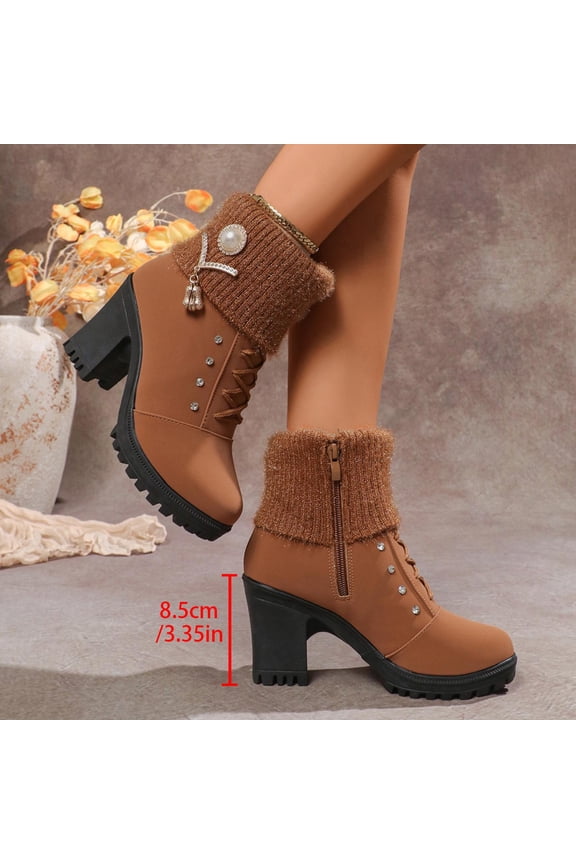 Women's Ankle Boots Side Zipper Block Heel Winter Boots for Women Round Toe Knit Cuff Comfortable Warm Casual Brown 38
