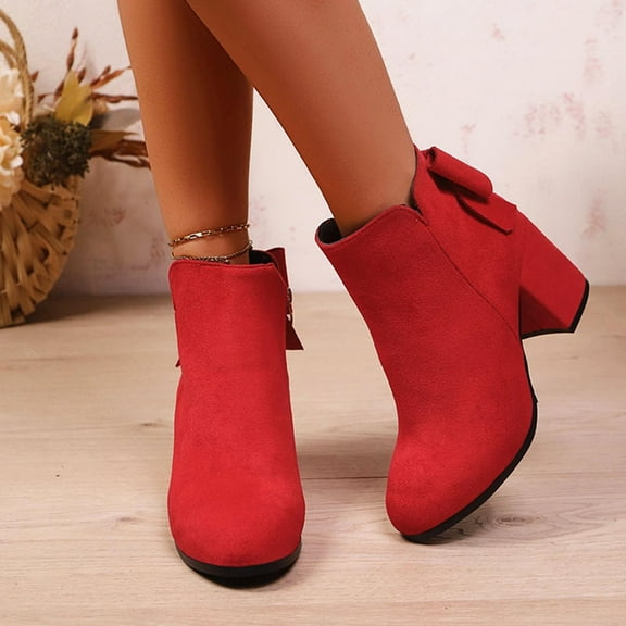PiGOGI Women's Ankle Boots Side Zipper High Heel Boots for Women Round Toe Large Bowknot Casual Comfortable Red 36
