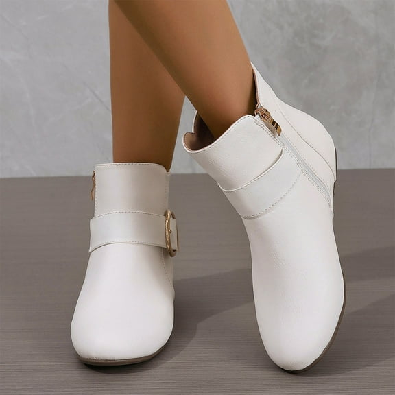 PiGOGI Women's Ankle Boots for Women Buckle Detail Side Zipper Flat Sole Winter Casual Comfortable Fashion Short Boots White 42