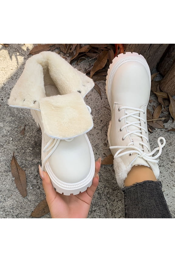 Women's Ankle Boots for Women Winter Mid Heel Chunky Sole Side Zipper Round Toe Faux Shearling Lined Casual Shoes White 41