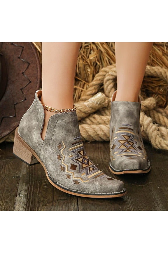 Women's Aztec Embroidered Ankle Boots Block Heel Mid Heel Western Casual for Daily Gray 9.5