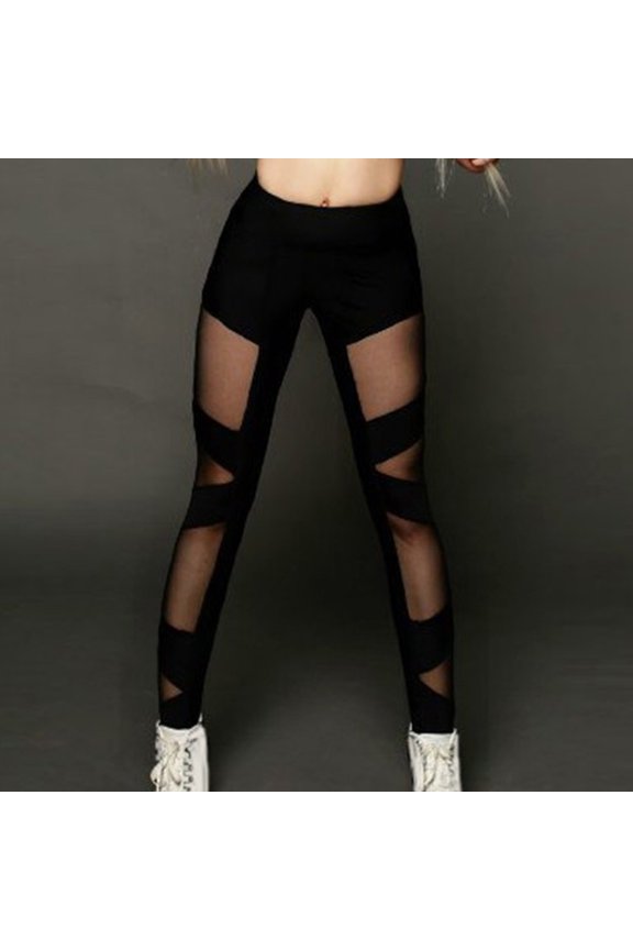 Women's Black Mesh Patchwork Fitness Pants Elastic High Waist Workout Leggings for Yoga and Exercise Black M
