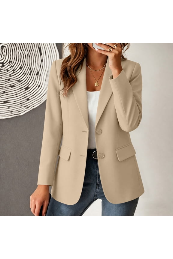 Women's Blazer Solid Business Casual Long Sleeve Lapel Pocket Jacket for office Fitness Yoga Sports Beige L