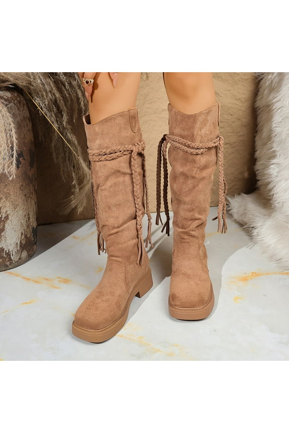 Women's Bohemian Boots Knee High Boots Fall Winter Fashion Trendy Tassel Decor Chunky Heel Boots for Women Brown 36