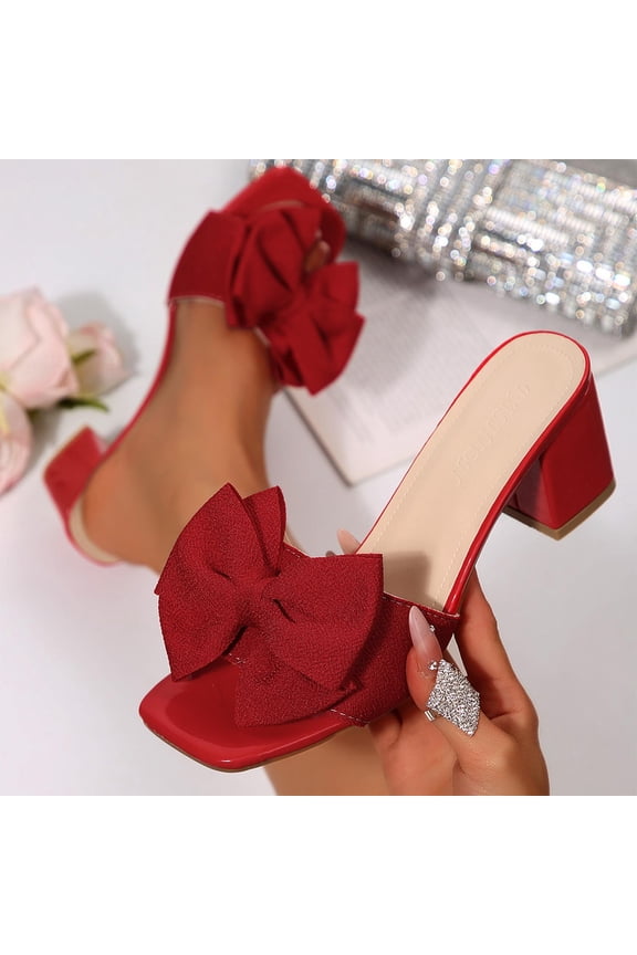 Women's Bow Block Heel Mules Open Toe Non-Slip Comfortable Slide Sandals Summer Red 8.5