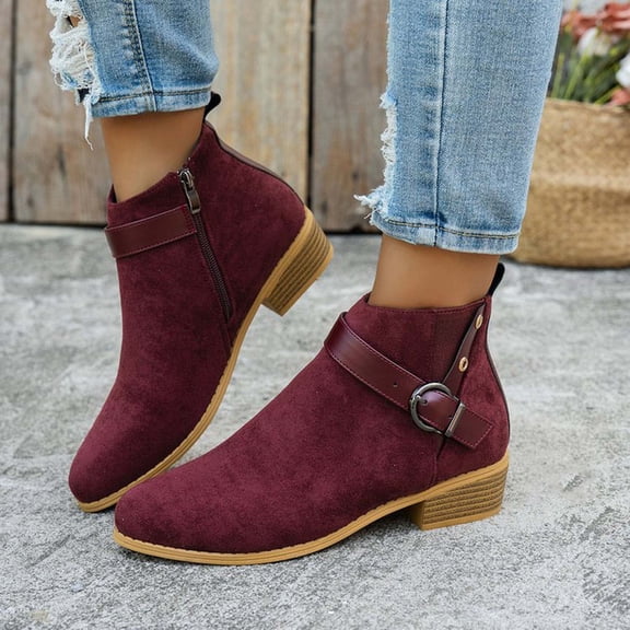 PiGOGI Women's Buckle Ankle Boots Thick Heel Low Block Fall Winter Street Style for Casual Wine 5.5