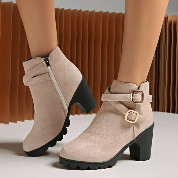PiGOGI Women's Buckle Ankle Boots for Women High Heel Side Zipper Round Toe Western Style Winter Casual Boots Beige 42