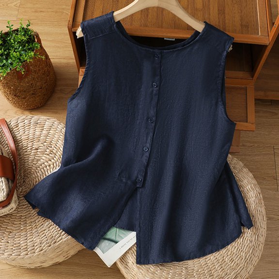 PiGOGI Women's Button Down Tank Top - Casual Fashion Round Neck Sleeveless Blouse, Solid Color Shirt for Summer Daily & office Wear Navy M