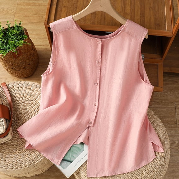 PiGOGI Women's Button Down Tank Top - Casual Fashion Round Neck Sleeveless Blouse, Solid Color Shirt for Summer Daily & office Wear Pink M