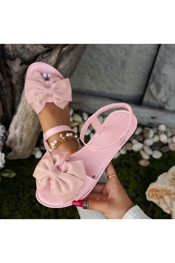 Women's Casual Beach Sandals Open-Toe Flat Bow Low Heel Comfortable Spring Summer Walking Shoes Versatile Stylish Pink 8.5