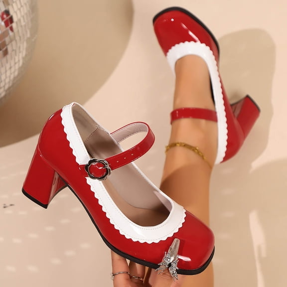 PiGOGI Women's Casual Block Heel Sandals Patent Leather Scalloped Design Summer Comfortable Walking Shoes Adjustable Ankle Strap Red 6