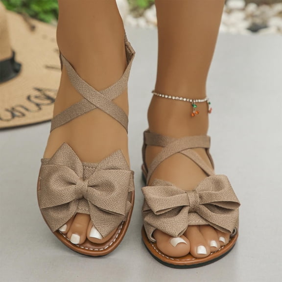 PiGOGI Women's Casual Bow Sandals Flat Sole Summer Comfortable Walking Shoes Elastic Ankle Strap Versatile Beach Footwear Khaki 8.5