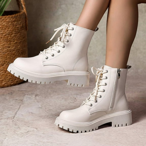 PiGOGI Women's Casual British Style Ankle Boots Lace-Up Side Zipper Round Toe Chunky Heel Comfortable Boots for Women Beige 37