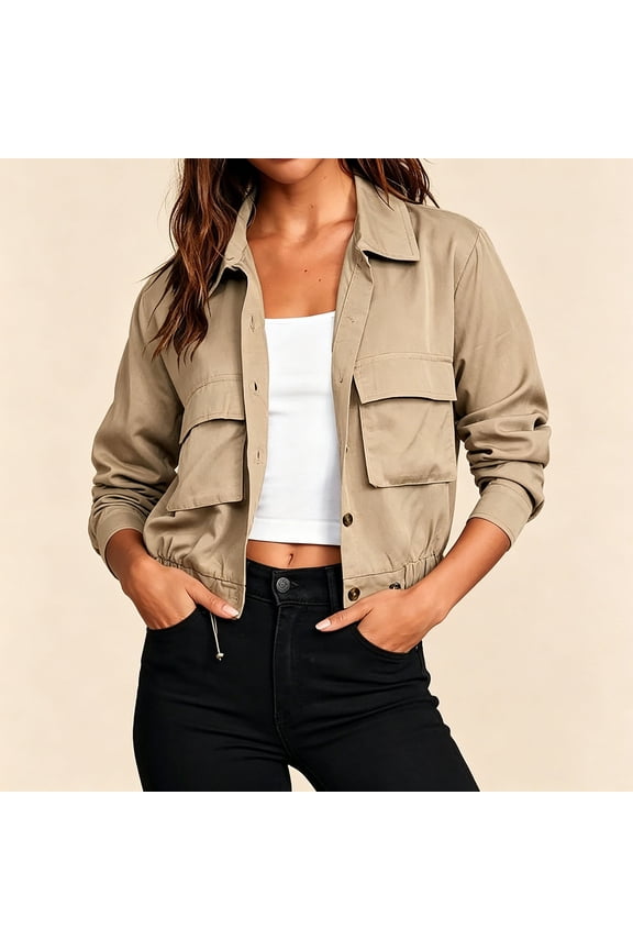Women's Casual Collar Long Sleeve Button Jacket with Pockets for Sports Fitness Yoga Outdoor Light Khaki XL