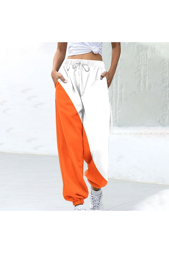 Women's Casual Color Block Printed Drawstring Loose Pants with Pockets Elastic Waist Comfortable Lounge Trousers Orange 2XL