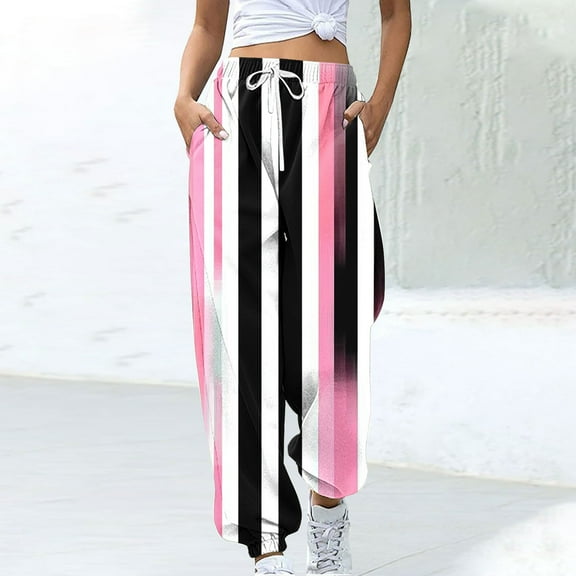 PiGOGI Women's Casual Color Block Printed Drawstring Loose Pants with Pockets Elastic Waist Comfortable Lounge Trousers Pink XL
