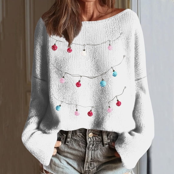 PiGOGI Women's Casual Crew Neck Christmas Sweatshirt Woven Striped Holiday Pullover Long Sleeve Winter Printed Loose Top White S