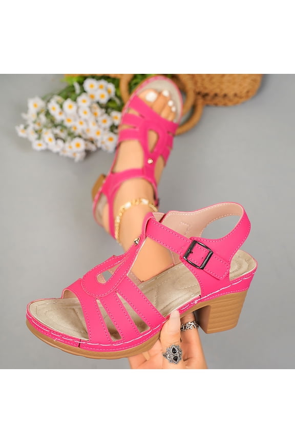Women's Casual Cutout Sandals Block Heel Adjustable Buckle Summer Comfortable Walking Shoes Padded Footbed Versatile Style Hot Pink 5.5